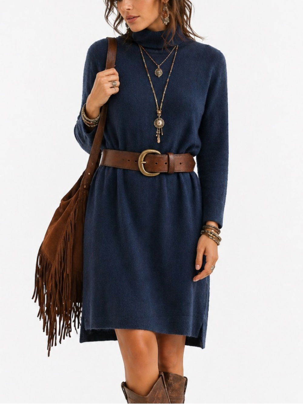 Forte’ Cashmere Large Navy Blue Knee Length Dress Long Sleeve Turtleneck Luxury